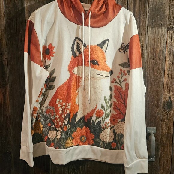 2XL Fox & Floral Print Hoodie – Cottagecore / Nature Graphic Pullover - Picture 1 of 3